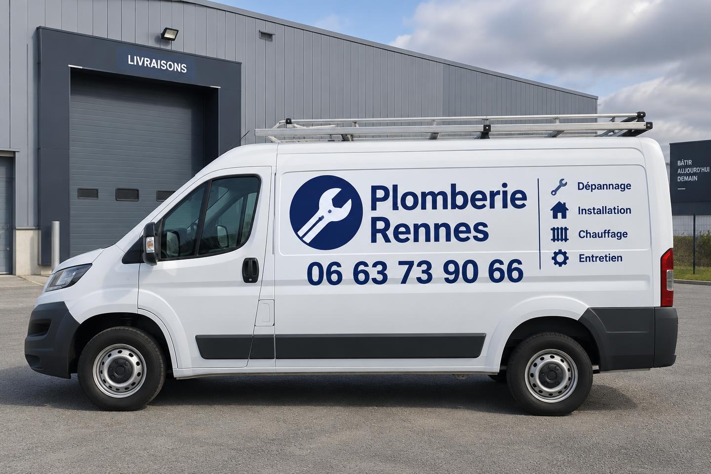Camion de dépannage Plomberie Rennes garé devant un entrepôt