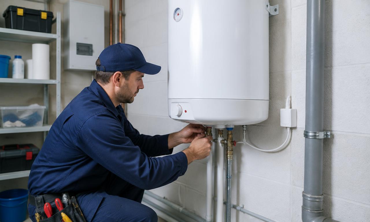 Plombier installant un chauffe-eau électrique